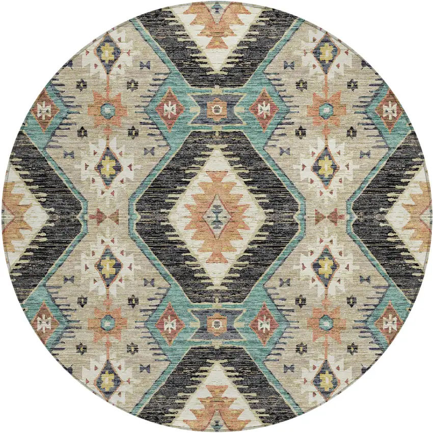 8' Black Teal Blue And Beige Round Moroccan Washable Indoor Outdoor Area Rug Photo 1