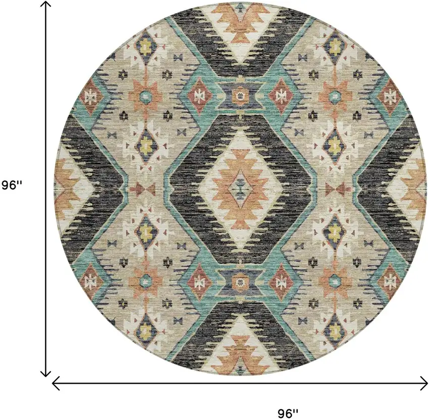 8' Black Teal Blue And Beige Round Moroccan Washable Indoor Outdoor Area Rug Photo 9