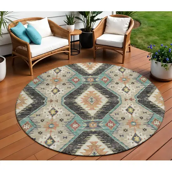 8' Black Teal Blue And Beige Round Moroccan Washable Indoor Outdoor Area Rug Photo 2