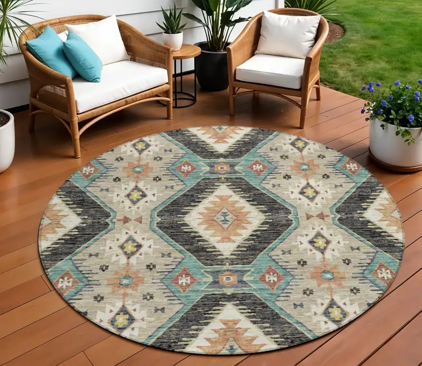8' Black Teal Blue And Beige Round Moroccan Washable Indoor Outdoor Area Rug Photo 2