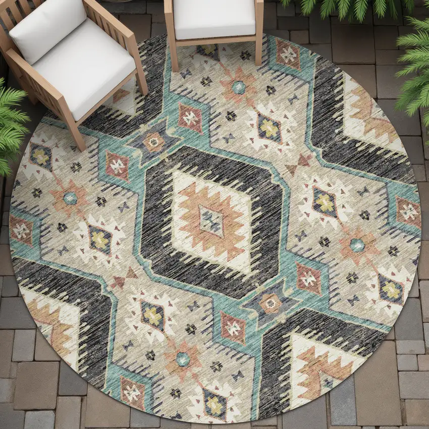 8' Black Teal Blue And Beige Round Moroccan Washable Indoor Outdoor Area Rug Photo 7