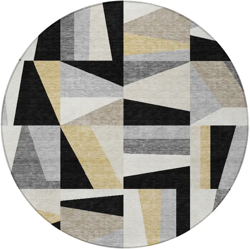 8' Black Wheat And Ivory Round Geometric Washable Indoor Outdoor Area Rug Photo 4