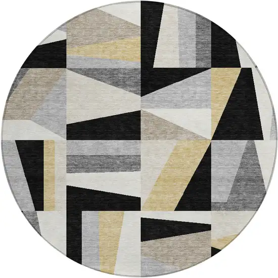8' Black Wheat And Ivory Round Geometric Washable Indoor Outdoor Area Rug Photo 2