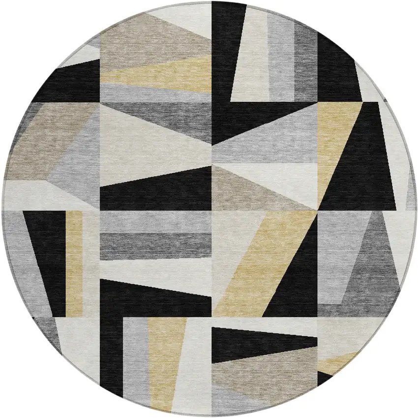 8' Black Wheat And Ivory Round Geometric Washable Indoor Outdoor Area Rug Photo 2