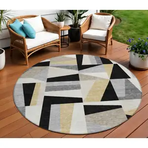 Photo of 8' Black Wheat And Ivory Round Geometric Washable Indoor Outdoor Area Rug