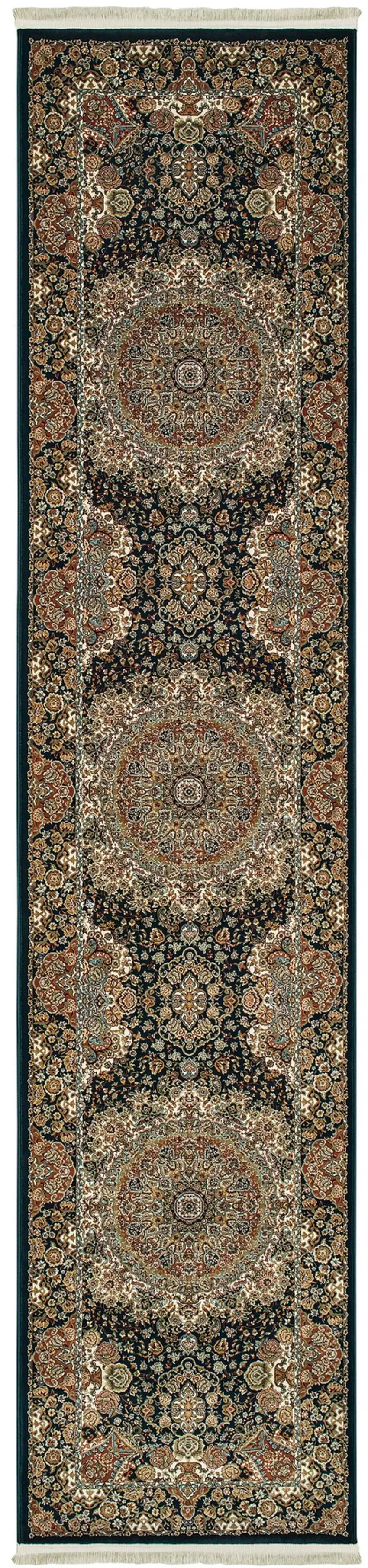 10' Black White And Orange Medallion Runner Rug With Fringe Photo 2