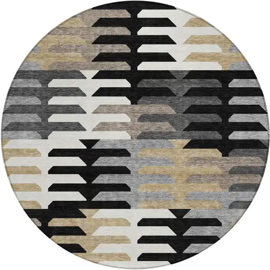 8' Black White And Wheat Round Geometric Washable Indoor Outdoor Area Rug Photo 2