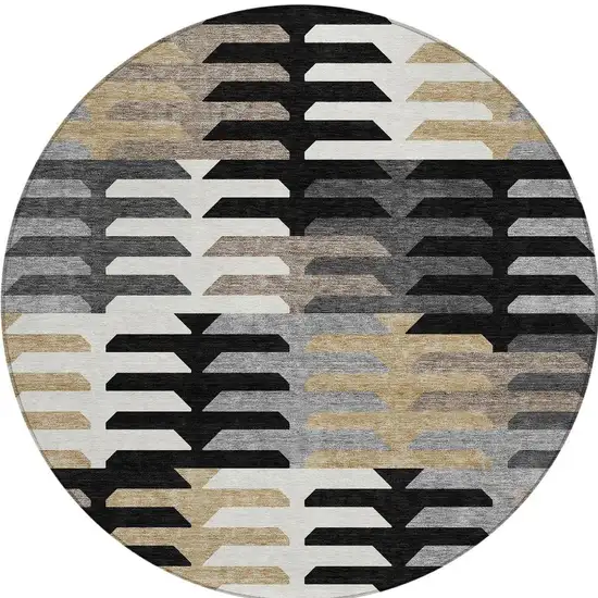 8' Black White And Wheat Round Geometric Washable Indoor Outdoor Area Rug Photo 4