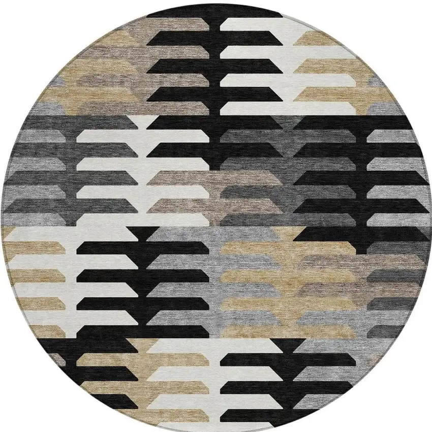 8' Black White And Wheat Round Geometric Washable Indoor Outdoor Area Rug Photo 4