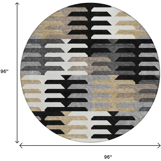8' Black White And Wheat Round Geometric Washable Indoor Outdoor Area Rug Photo 3