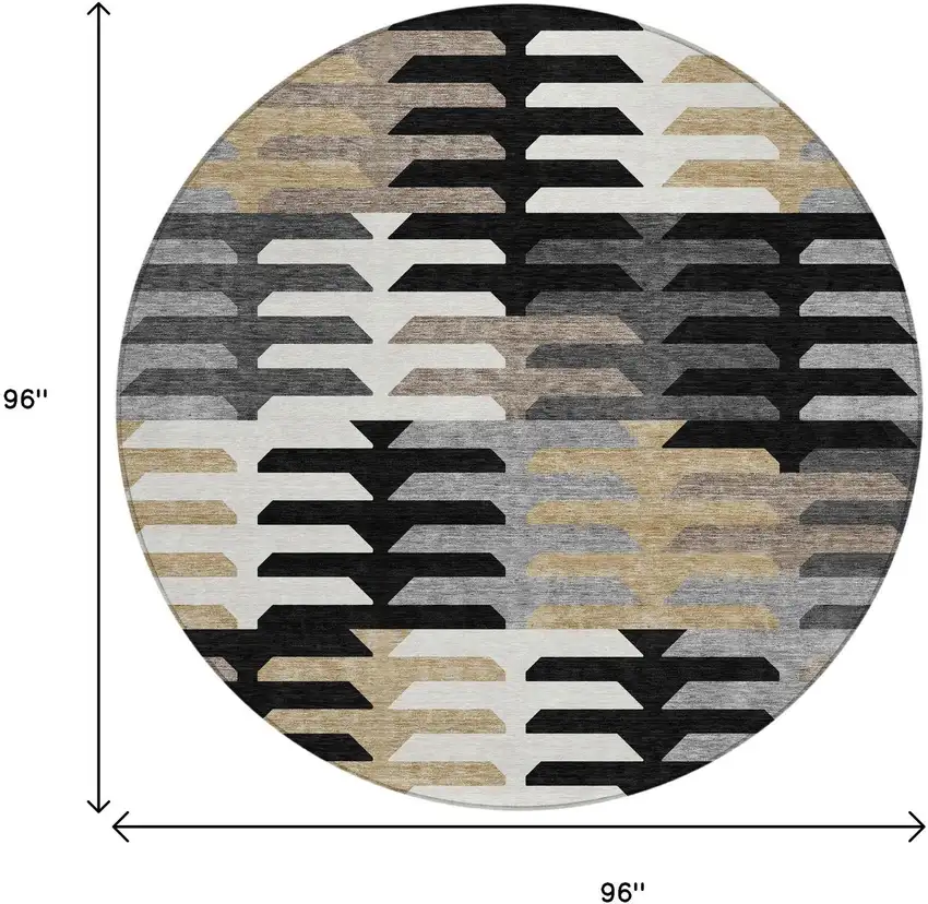 8' Black White And Wheat Round Geometric Washable Indoor Outdoor Area Rug Photo 3