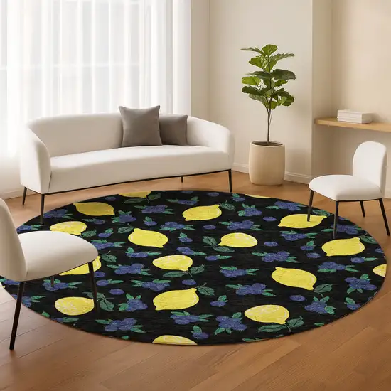8' Black Yellow And Blue Round Lemons Washable Indoor Outdoor Area Rug Photo 9