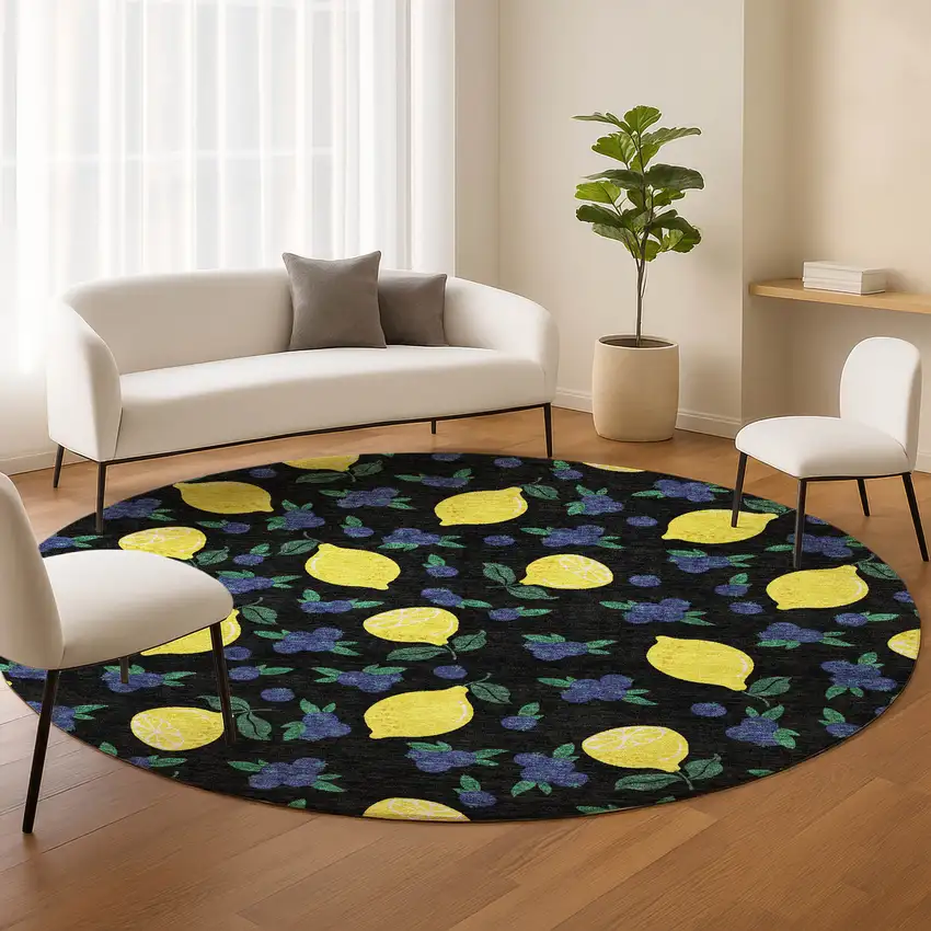 8' Black Yellow And Blue Round Lemons Washable Indoor Outdoor Area Rug Photo 9