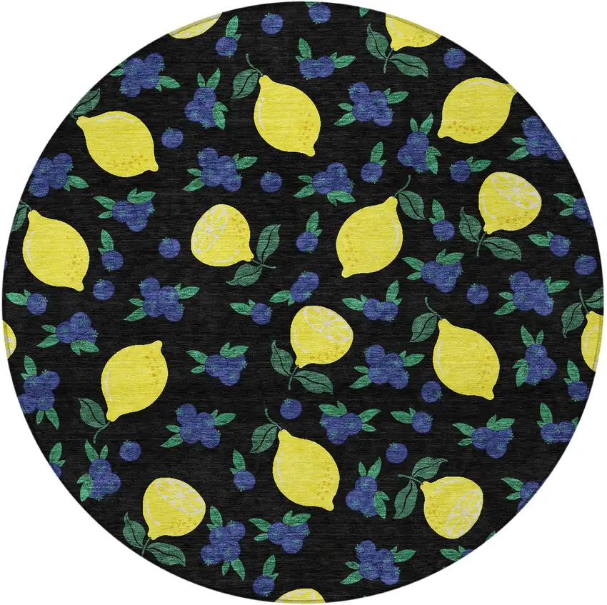 8' Black Yellow And Blue Round Lemons Washable Indoor Outdoor Area Rug Photo 5