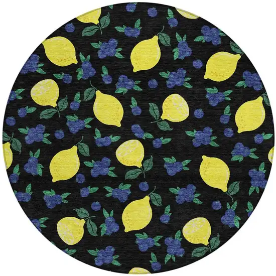 8' Black Yellow And Blue Round Lemons Washable Indoor Outdoor Area Rug Photo 4