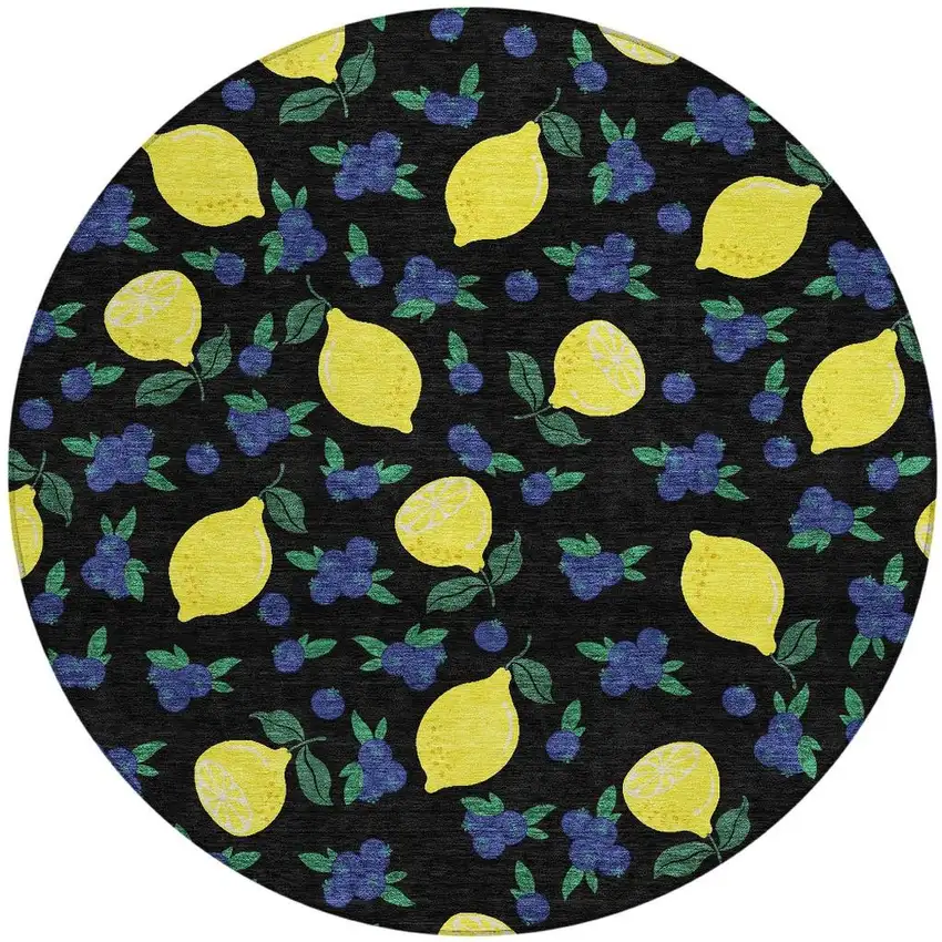 8' Black Yellow And Blue Round Lemons Washable Indoor Outdoor Area Rug Photo 4