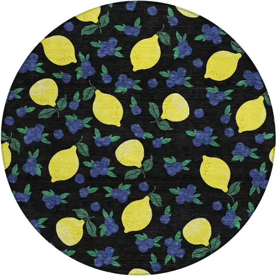 8' Black Yellow And Blue Round Lemons Washable Indoor Outdoor Area Rug Photo 2