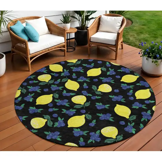 8' Black Yellow And Blue Round Lemons Washable Indoor Outdoor Area Rug Photo 1