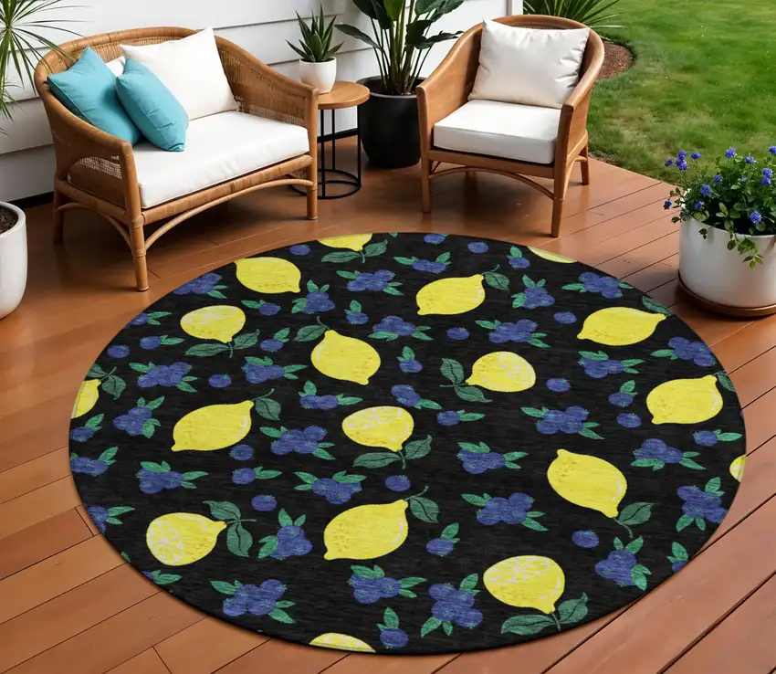 8' Black Yellow And Blue Round Lemons Washable Indoor Outdoor Area Rug Photo 1