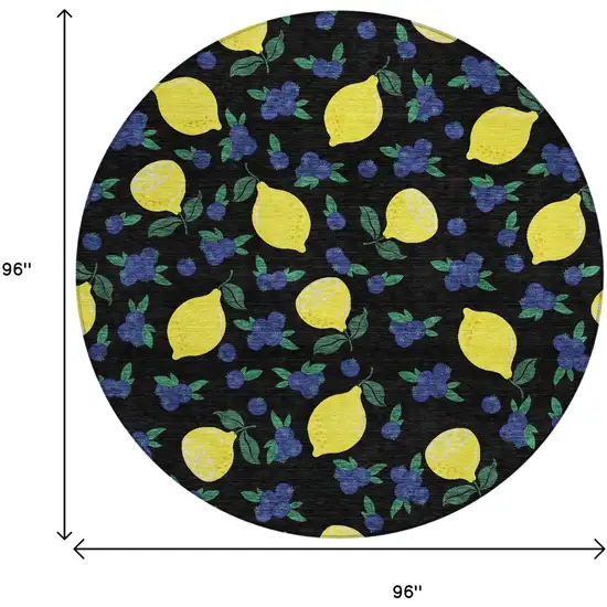 8' Black Yellow And Blue Round Lemons Washable Indoor Outdoor Area Rug Photo 3