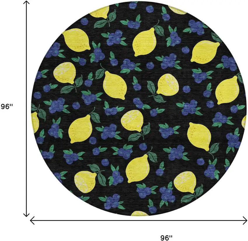 8' Black Yellow And Blue Round Lemons Washable Indoor Outdoor Area Rug Photo 3