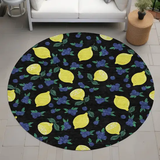 8' Black Yellow And Blue Round Lemons Washable Indoor Outdoor Area Rug Photo 9