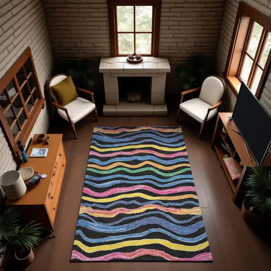 8' Black Yellow Blue And Pink Striped Washable Area Rug With UV Protection Photo 4