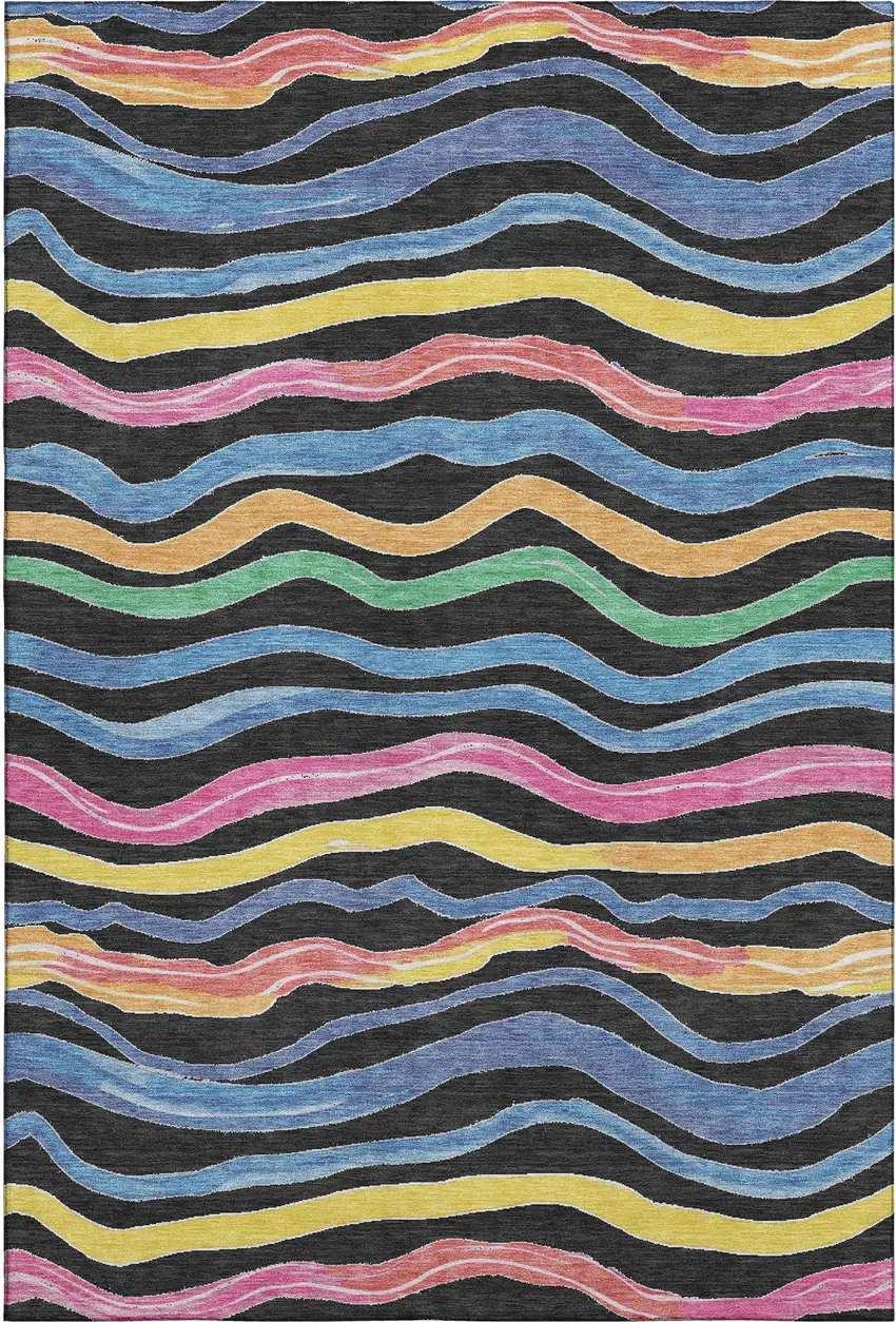 8' Black Yellow Blue And Pink Striped Washable Area Rug With UV Protection Photo 1