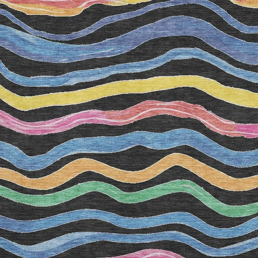 8' Black Yellow Blue And Pink Striped Washable Area Rug With UV Protection Photo 2