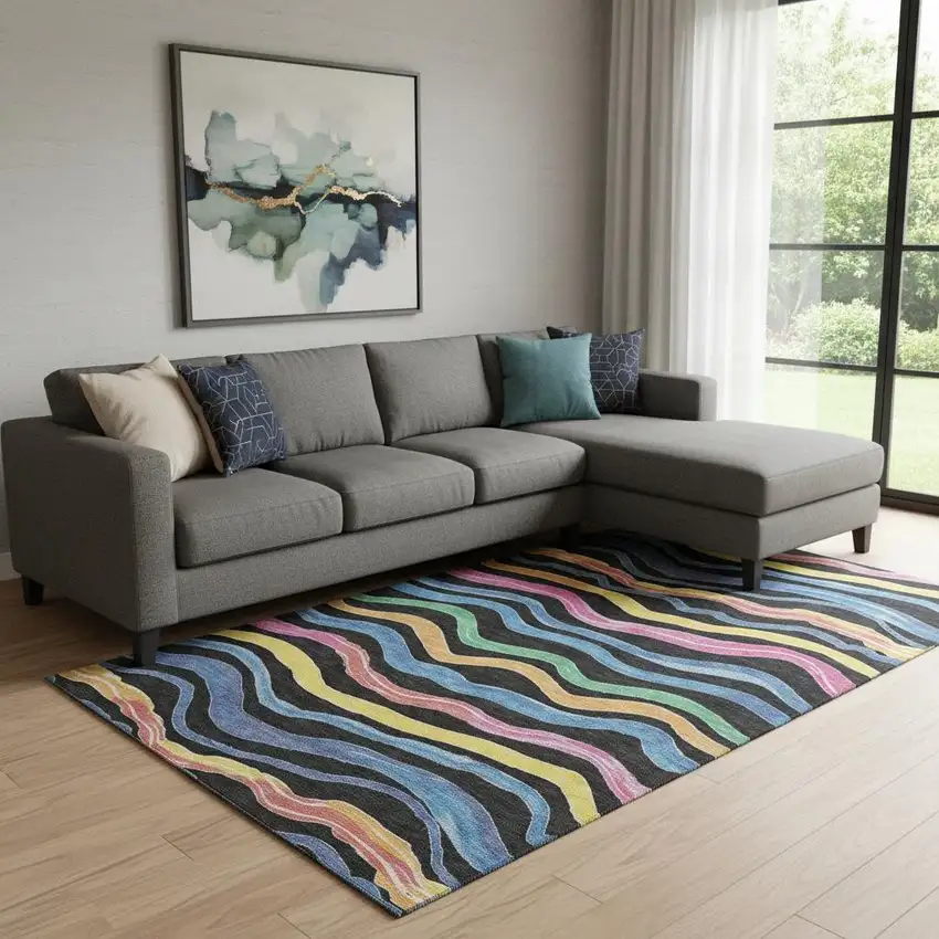 8' Black Yellow Blue And Pink Striped Washable Area Rug With UV Protection Photo 2