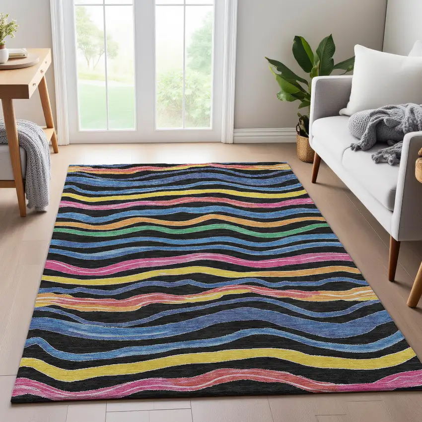 8' Black Yellow Blue And Pink Striped Washable Area Rug With UV Protection Photo 5