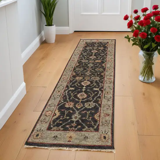 8' Black and Gold Oriental Hand Knotted Runner Rug With Fringe Photo 1