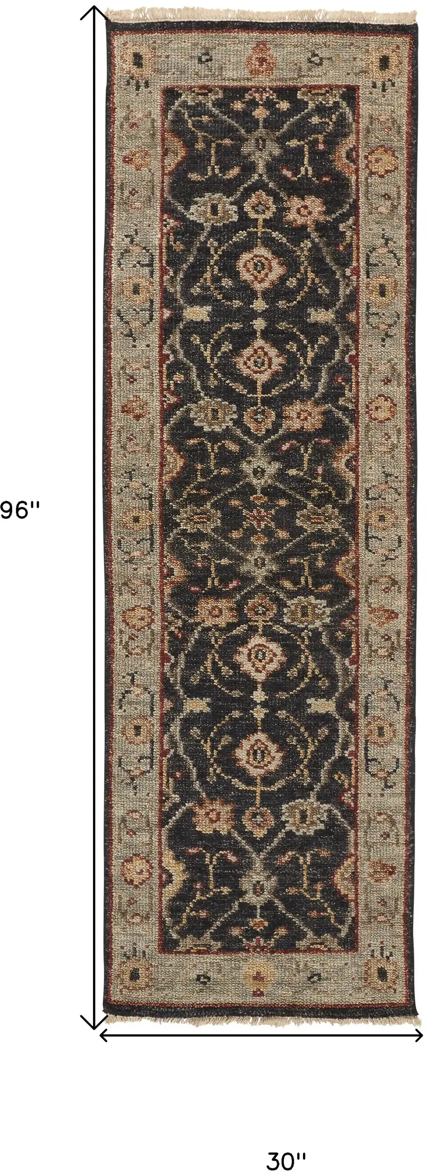 8' Black and Gold Oriental Hand Knotted Runner Rug With Fringe Photo 3