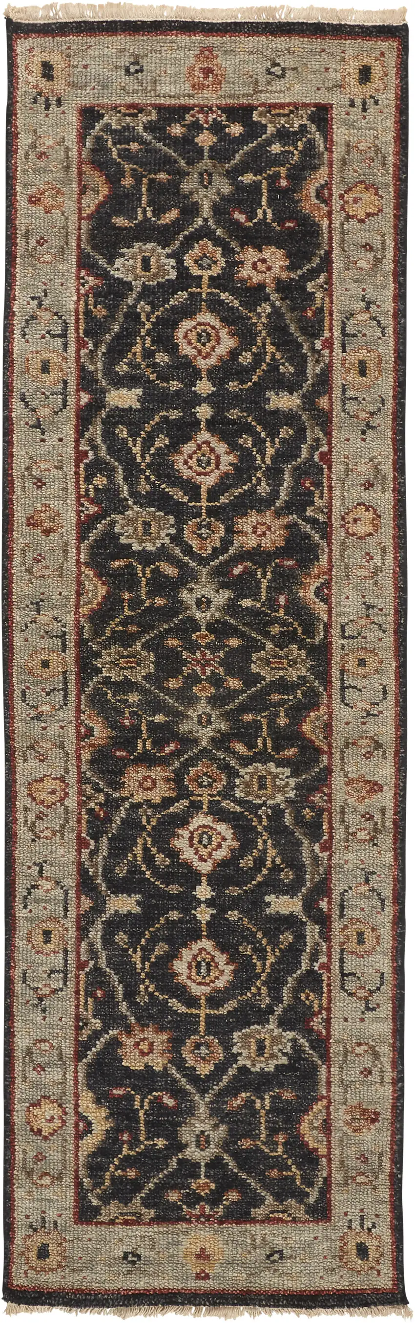 8' Black and Gold Oriental Hand Knotted Runner Rug With Fringe Photo 2