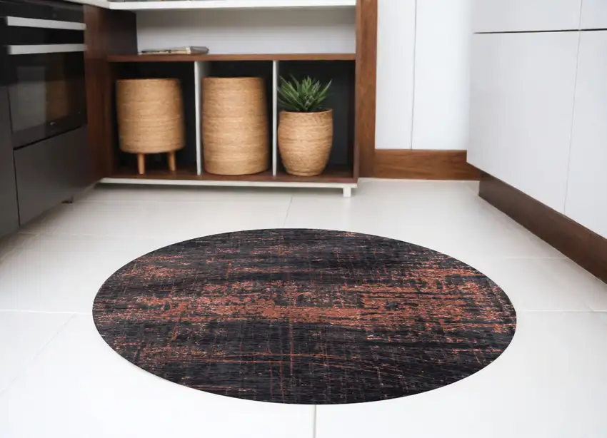 5' Black and Gold Round Abstract Non Skid Area Rug Photo 1