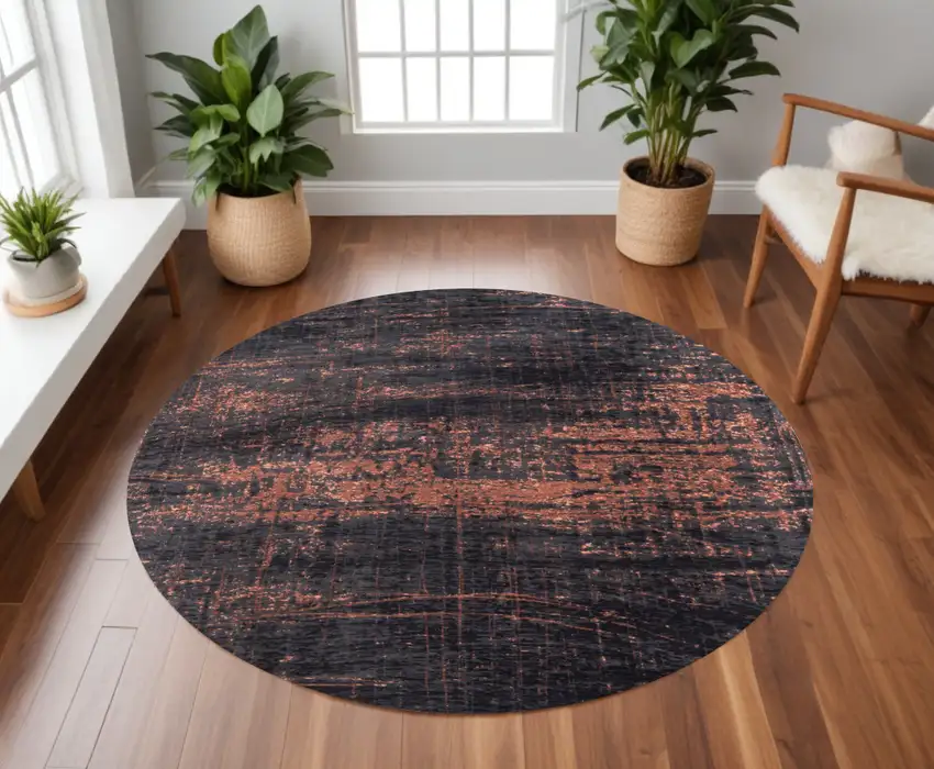 8' Black and Gold Round Abstract Non Skid Area Rug Photo 1