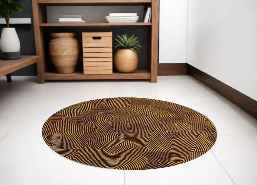 5' Black and Gold Round Abstract Non Skid Area Rug Photo 1