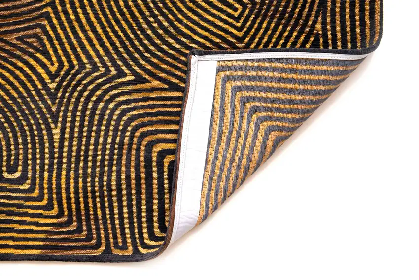 5' Black and Gold Round Abstract Non Skid Area Rug Photo 5