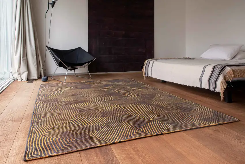 5' Black and Gold Round Abstract Non Skid Area Rug Photo 7