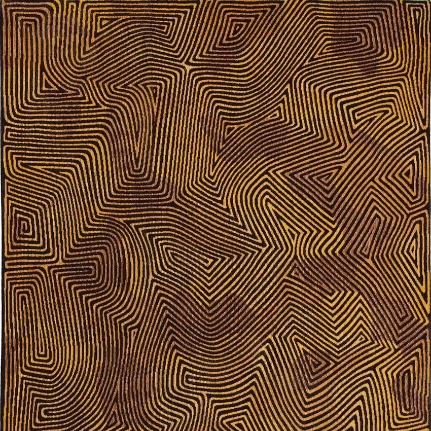 5' Black and Gold Round Abstract Non Skid Area Rug Photo 9