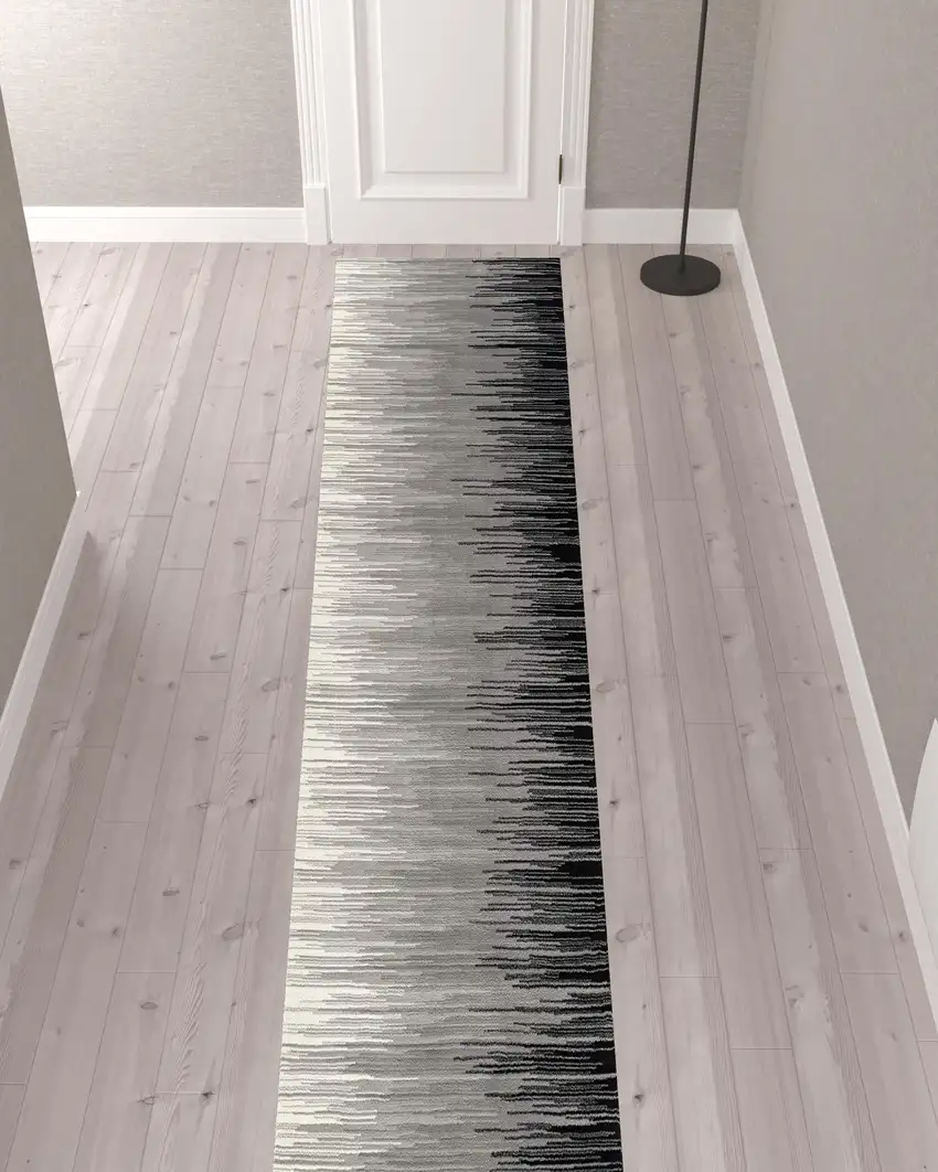 13' Black and Gray Abstract Power Loom Runner Rug Photo 2