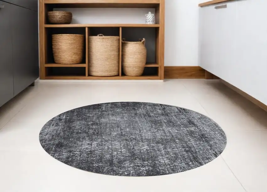 5' Black and Gray Round Chevron Non Skid Area Rug Photo 1