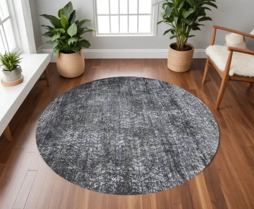 8' Black and Gray Round Chevron Non Skid Area Rug Photo 1