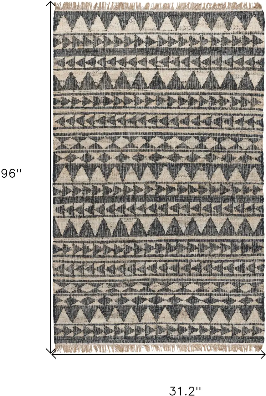 8' Black and Ivory Geometric Hand Woven Runner Rug With Fringe Photo 3