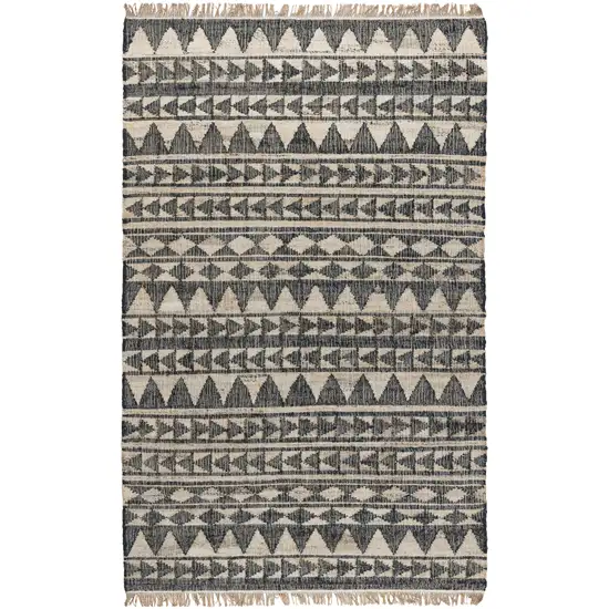 8' Black and Ivory Geometric Hand Woven Runner Rug With Fringe Photo 3