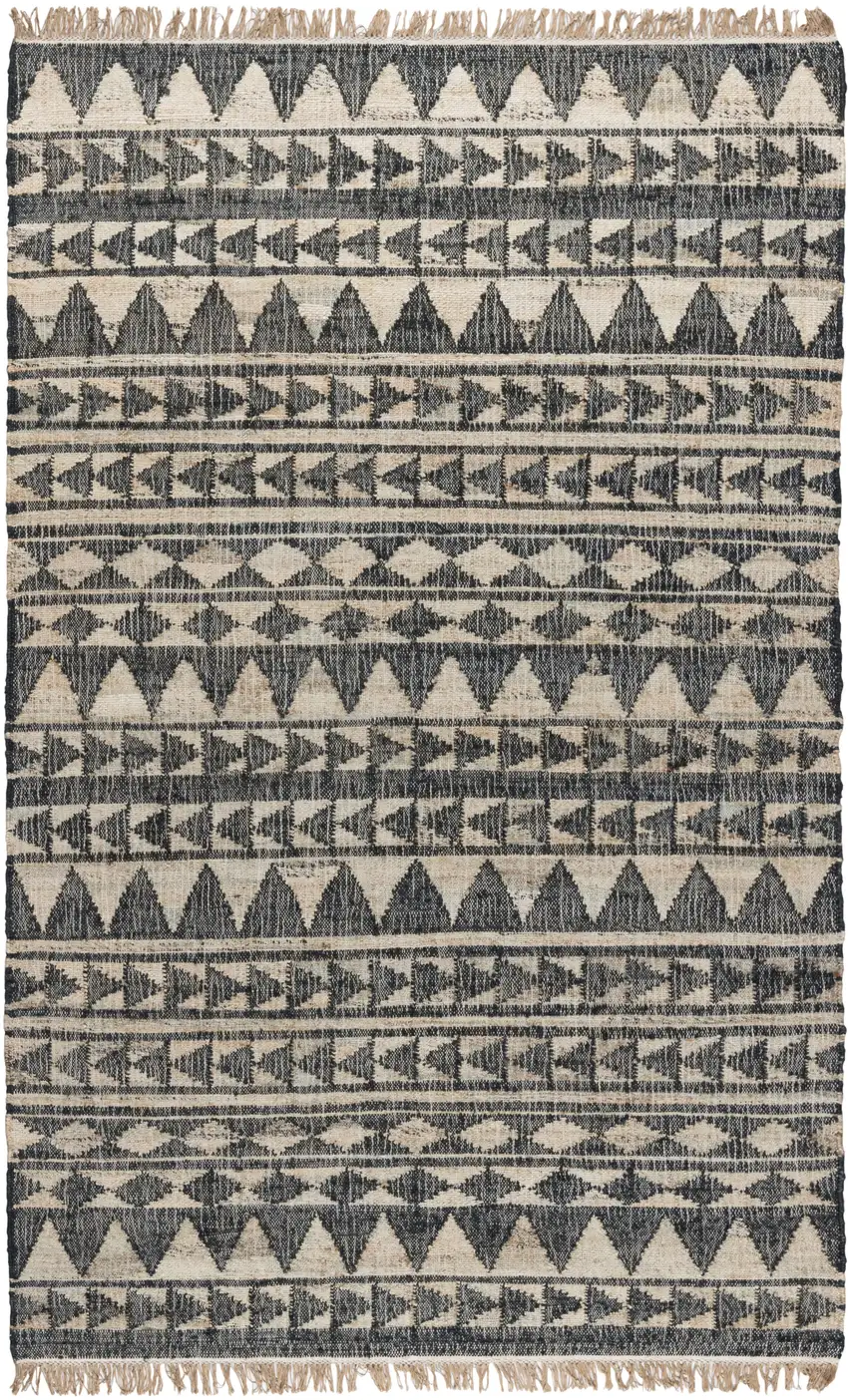 8' Black and Ivory Geometric Hand Woven Runner Rug With Fringe Photo 3