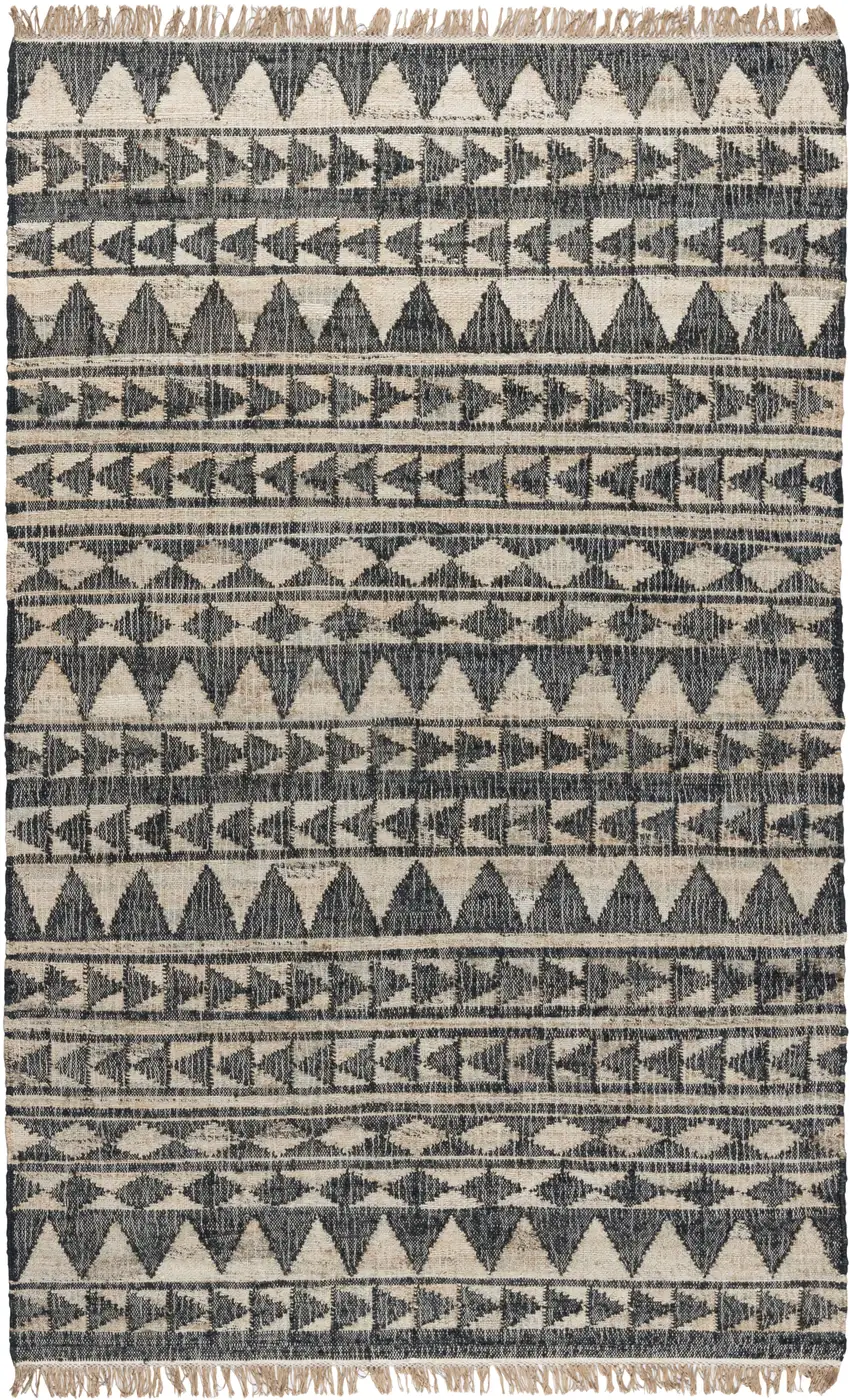8' Black and Ivory Geometric Hand Woven Runner Rug With Fringe Photo 3