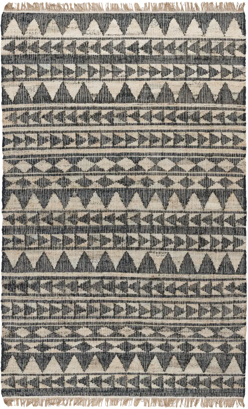 8' Black and Ivory Geometric Hand Woven Runner Rug With Fringe Photo 5