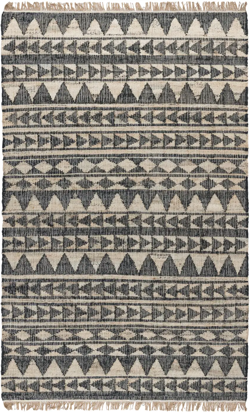 8' Black and Ivory Geometric Hand Woven Runner Rug With Fringe Photo 5