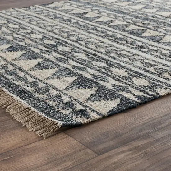 8' Black and Ivory Geometric Hand Woven Runner Rug With Fringe Photo 6